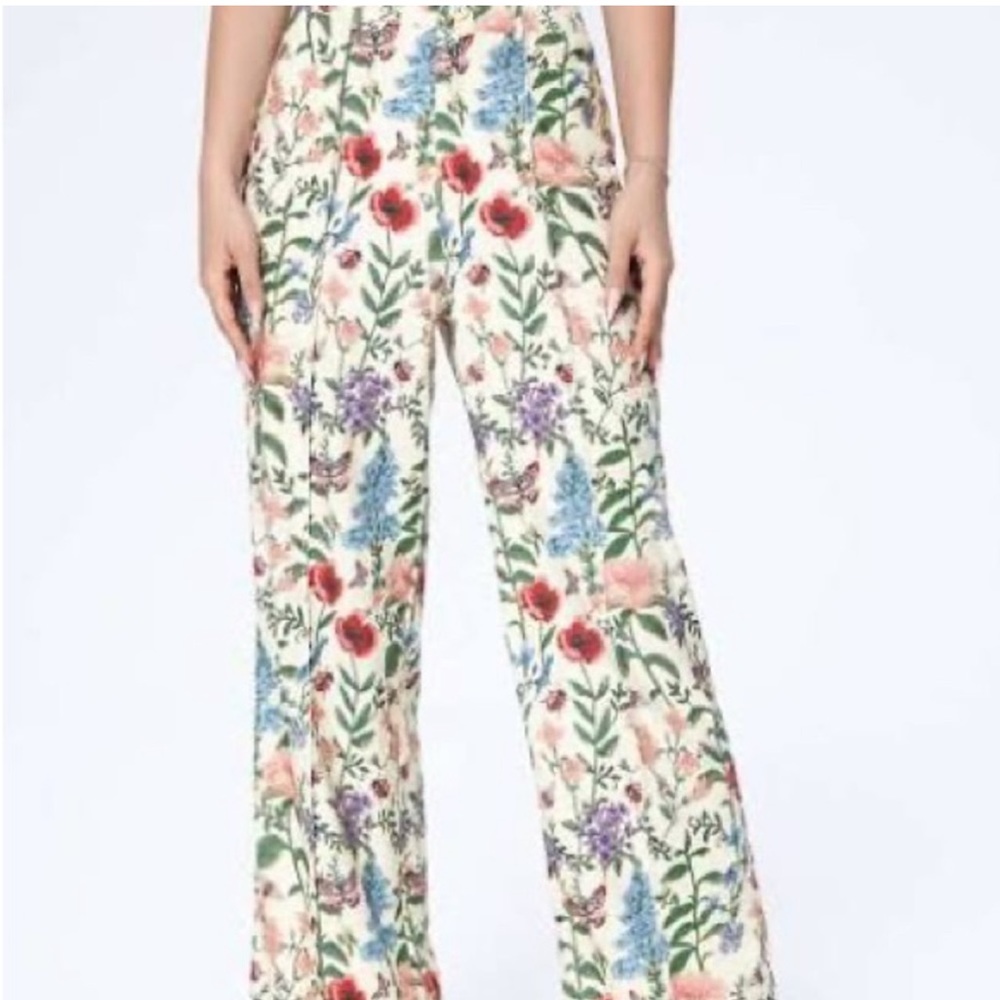 CIDER Cream Corduroy Wide Leg Pants w Spring Flowers, Butterflies & Ladybugs L